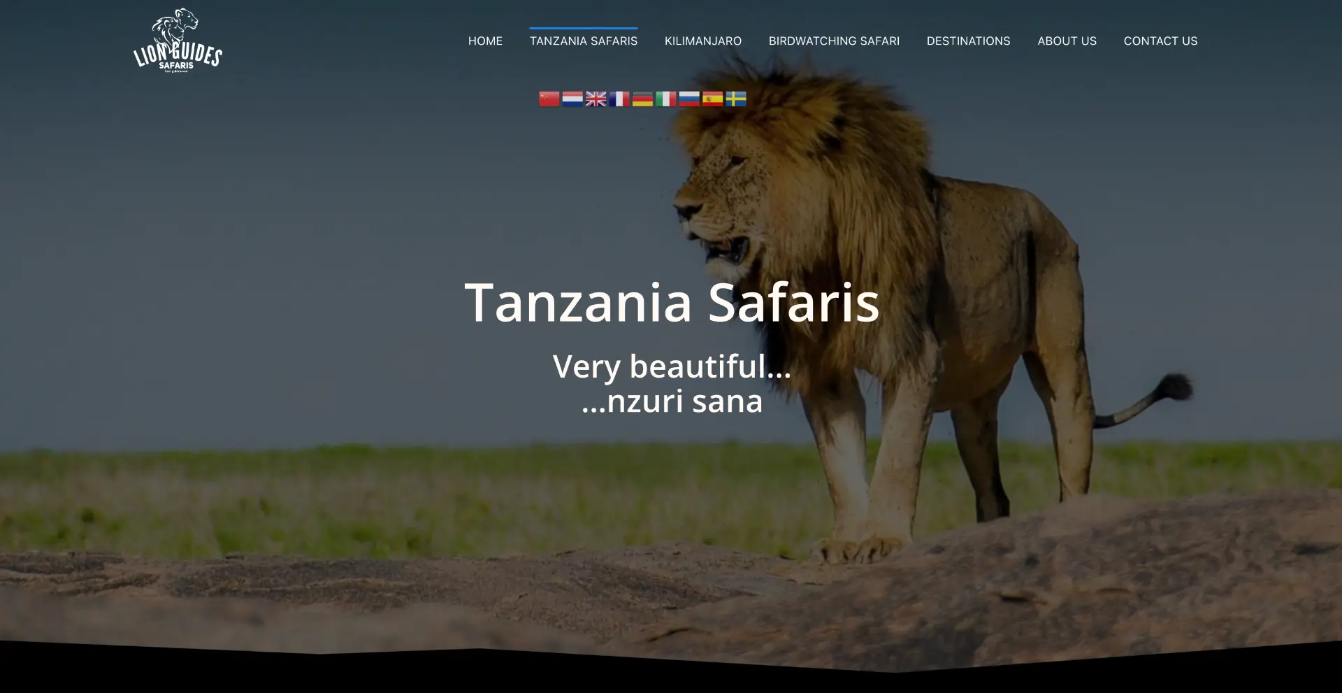 Screenshot der Website von lion-guides.com mit Safari-Angebot